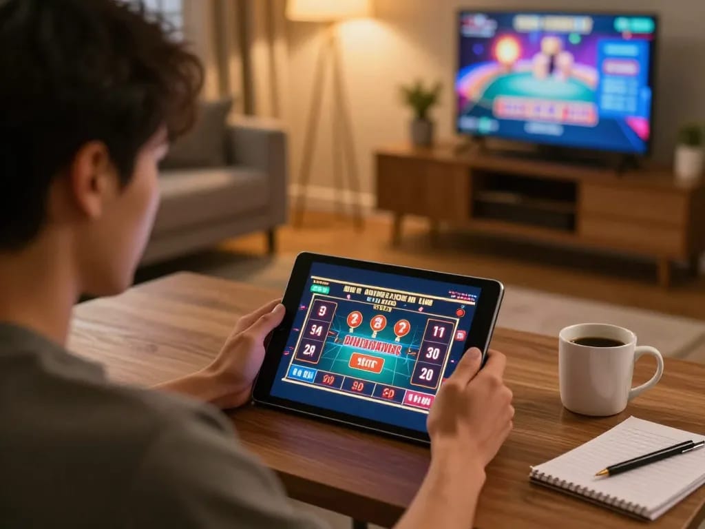 Player strategizing on llwin while enjoying online casino gaming at home.