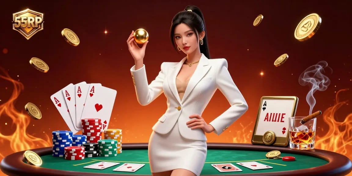 An engaging scene showcasing 55RP casino action with a stunning Asian woman holding a golden roulette ball amidst vibrant gambling elements.