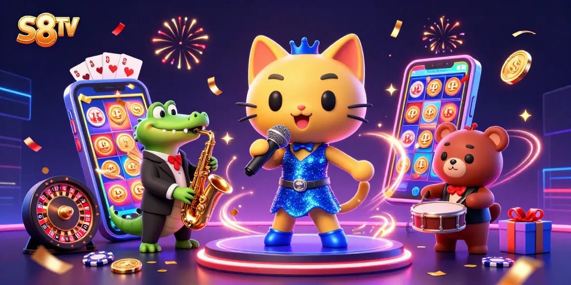 S8TV brilliantly showcases a lively casino scene with a jazz-singer cat, saxophone crocodile, and drum bear, enriched by dynamic slot games.