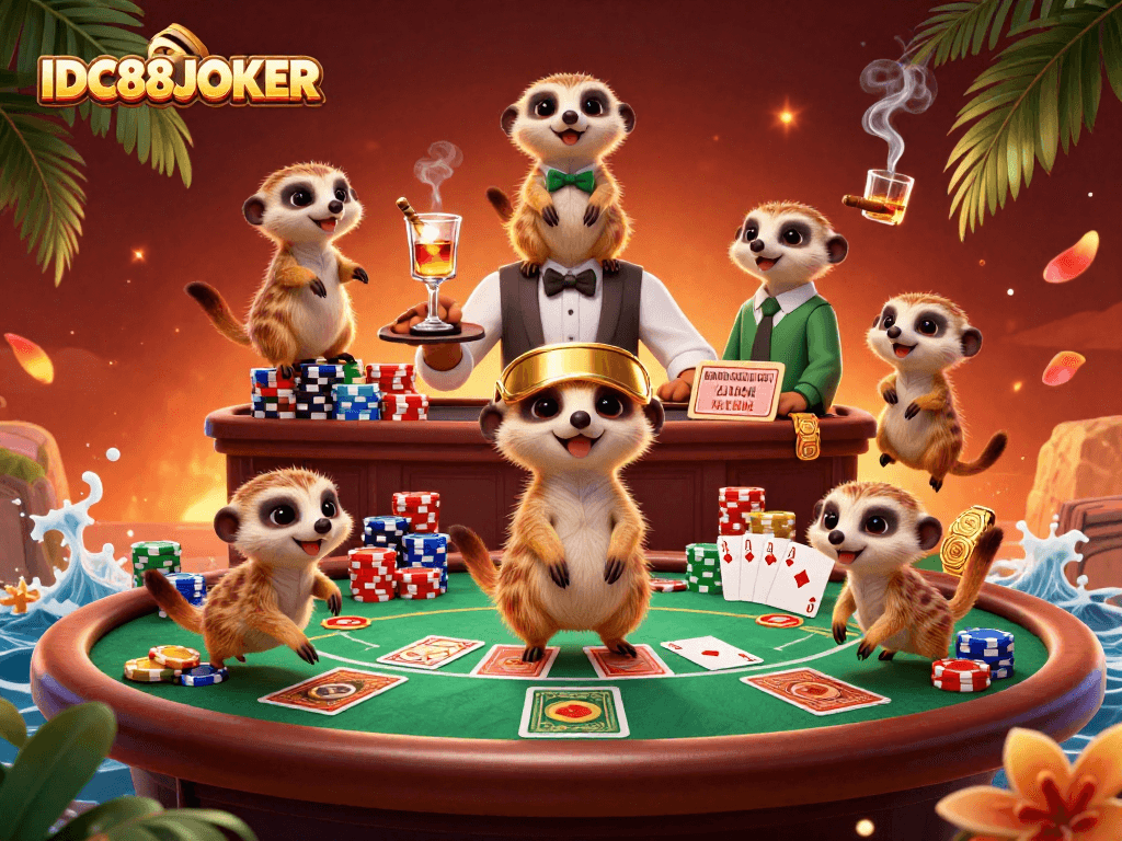 Experience thrilling gaming action at IDC88JOKER with meerkats managing a vibrant casino.