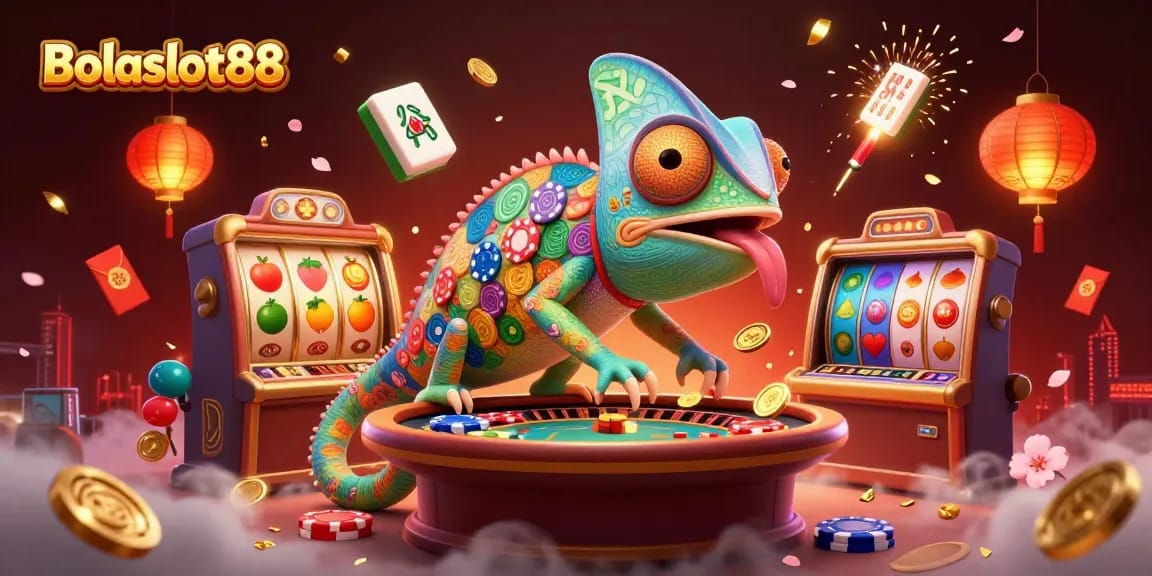 Bolaslot88 showcases an engaging illustrated scene with a vibrant chameleon casino owner surrounded by slot reels and festive elements