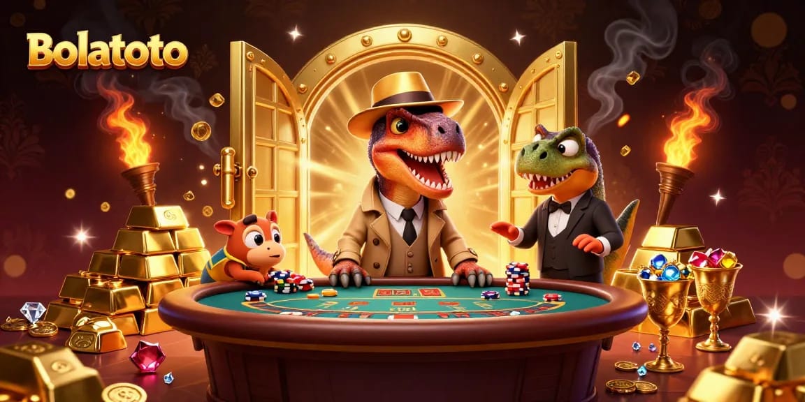 Bolatoto showcases velociraptor card counter at a blackjack table in this vibrant casino scene.