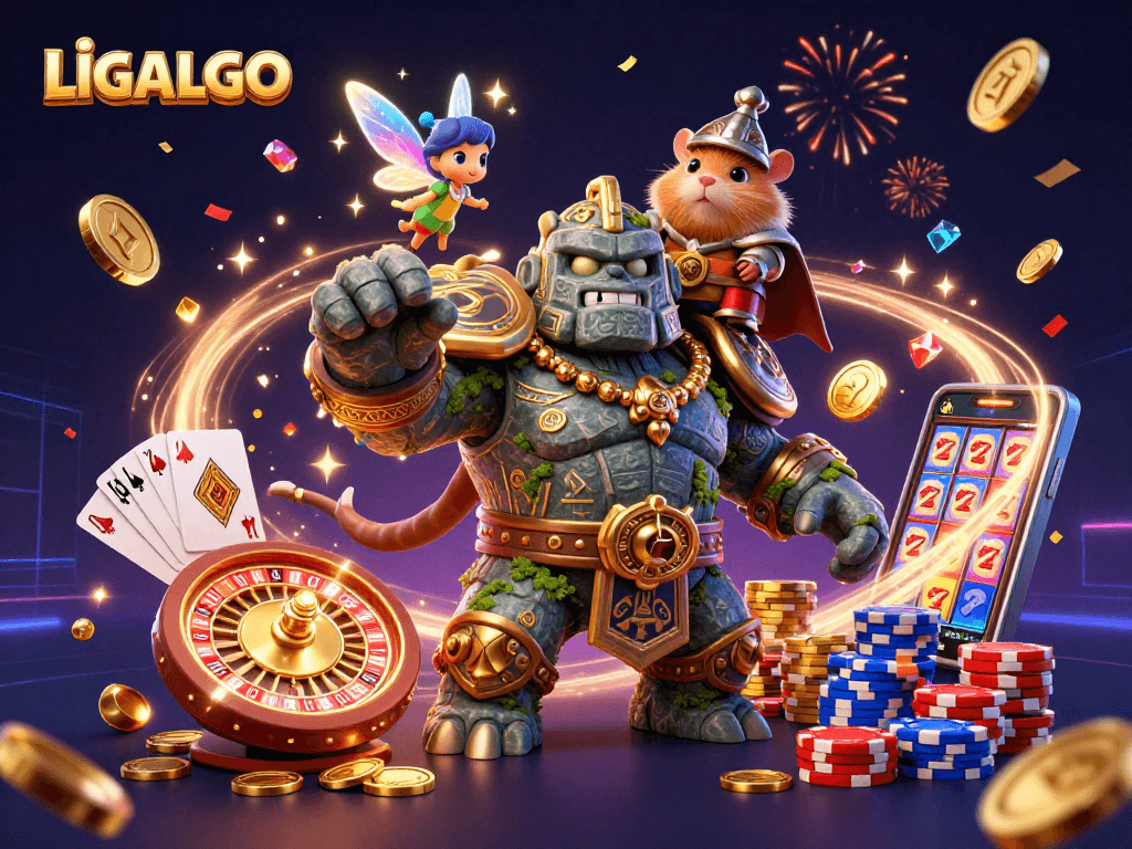 LIGALGO brings excitement with a dynamic scene of a stone golem, a fairy, and a hamster knight amidst casino elements.