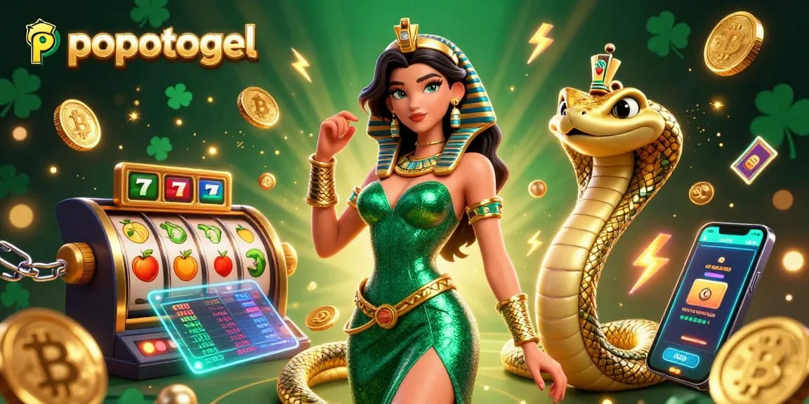 Engage with popotogel's vibrant casino experience featuring slots, cryptocurrency elements, and enchanting characters.