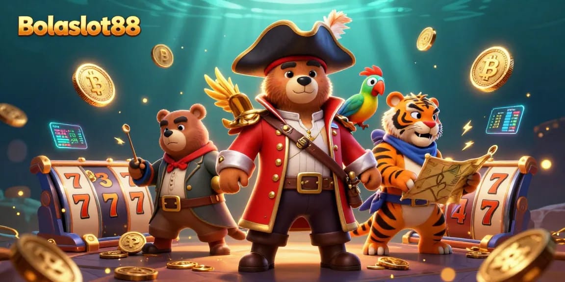 Bolaslot88 enhances the thrill of gambling with vibrant pirates, slot reels, and cryptocurrency elements.