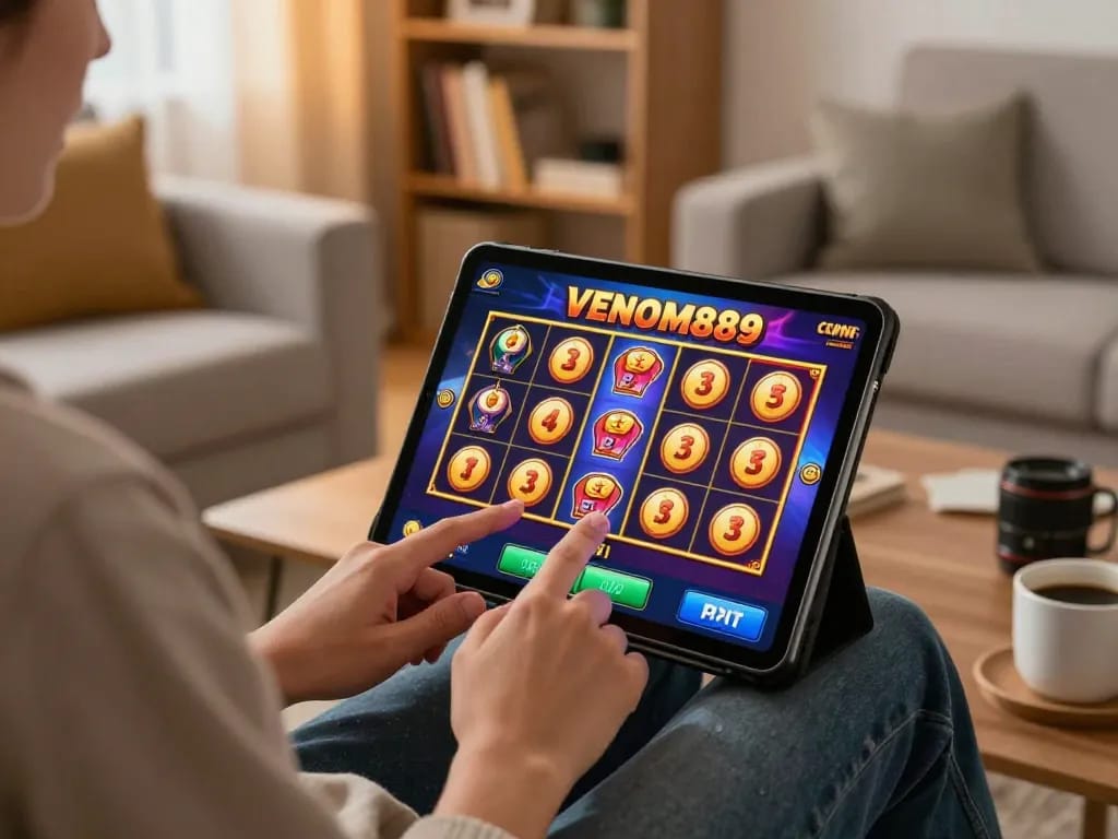 Player enjoying a thrilling slots experience on VENOM889, displaying jackpot excitement in a cozy home setting.