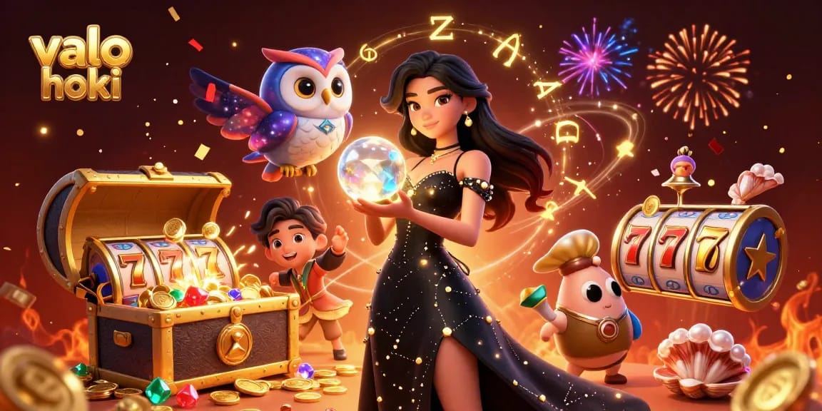 Experience the magic of valo hoki with a captivating scene featuring a mystical woman, glowing symbols, and slot game elements.
