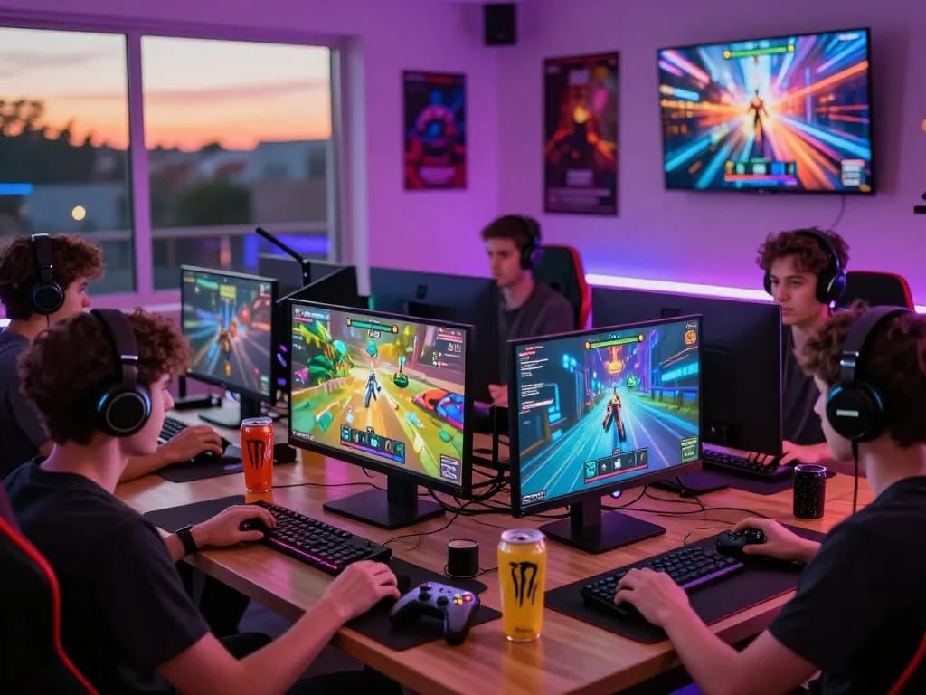 Engaging online gaming atmosphere with players at https://o8.delivery/ enjoying their devices, colorful graphics, and cozy settings.