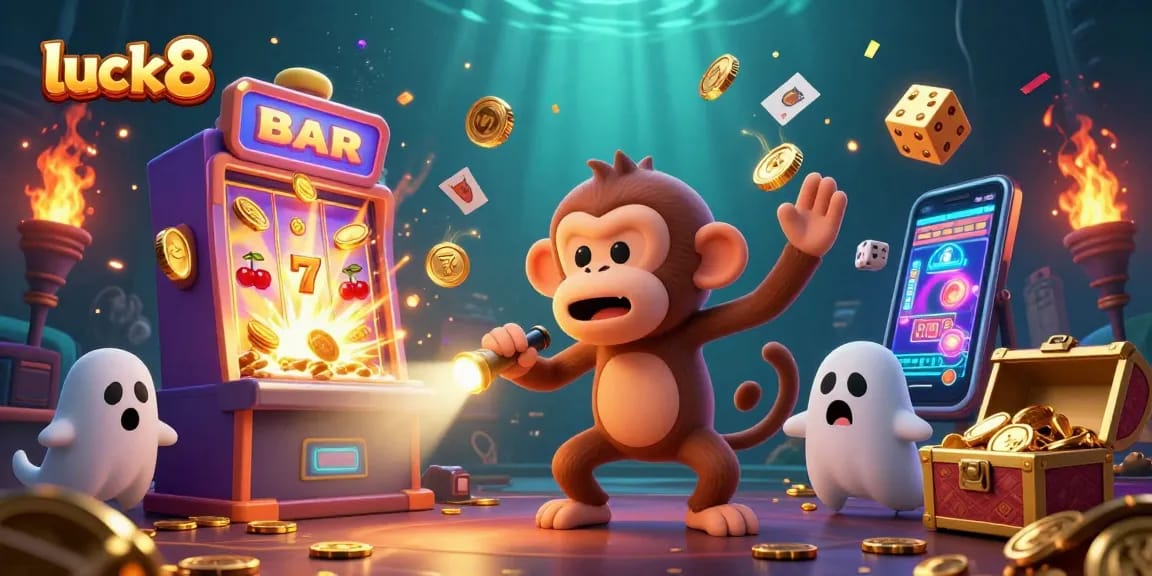 Engage with luck8's thrilling casino experience featuring a mischievous monkey and adventurous puppy.