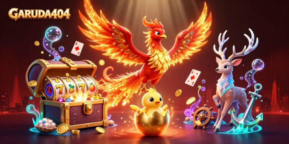 Experience the thrill of GARUDA404 with Phoenix and gems amidst a vibrant gaming environment.