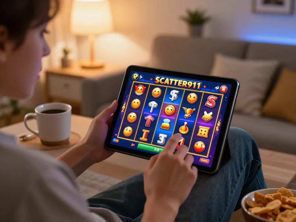 Engage with SCATTER911 slots on tablet in a cozy home setting
