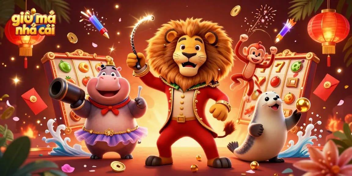 Engage with giải mã nhà cái as vibrant characters play casino games surrounded by festive elements.