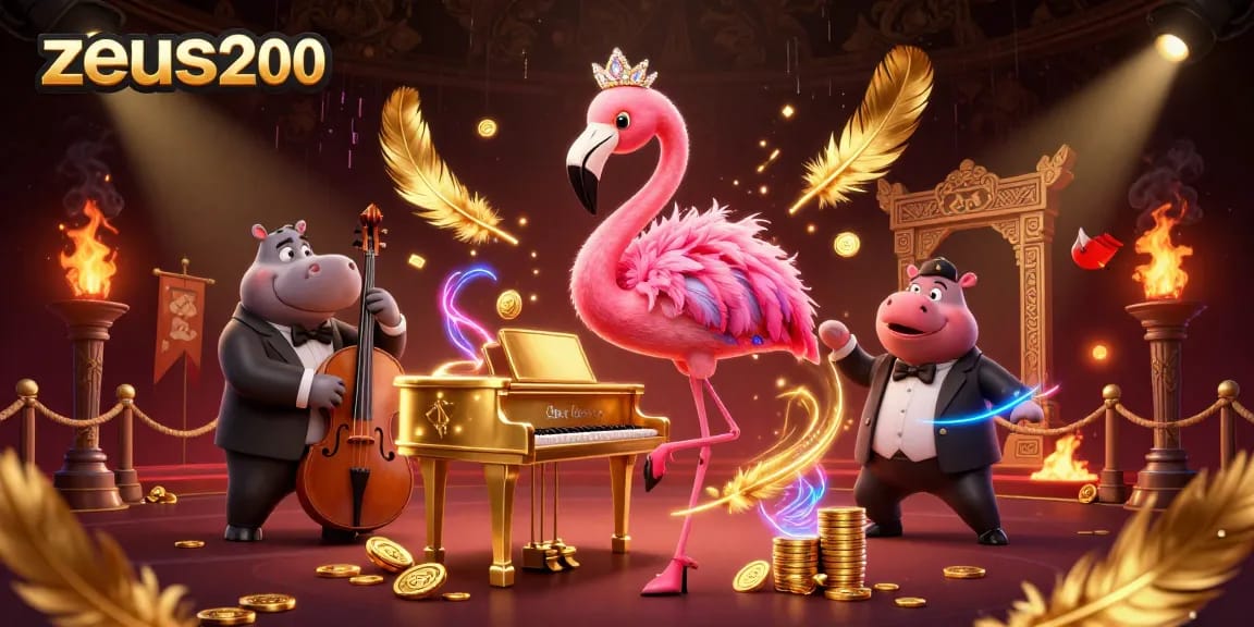zeus200 menampilkan penyanyi flamingo dan pemusik hippo di lantai kasino dengan suasana mewah.