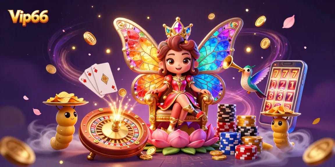 Win big at Vip66 with a vibrant 3D casino scene featuring a butterfly queen and dynamic gaming elements.