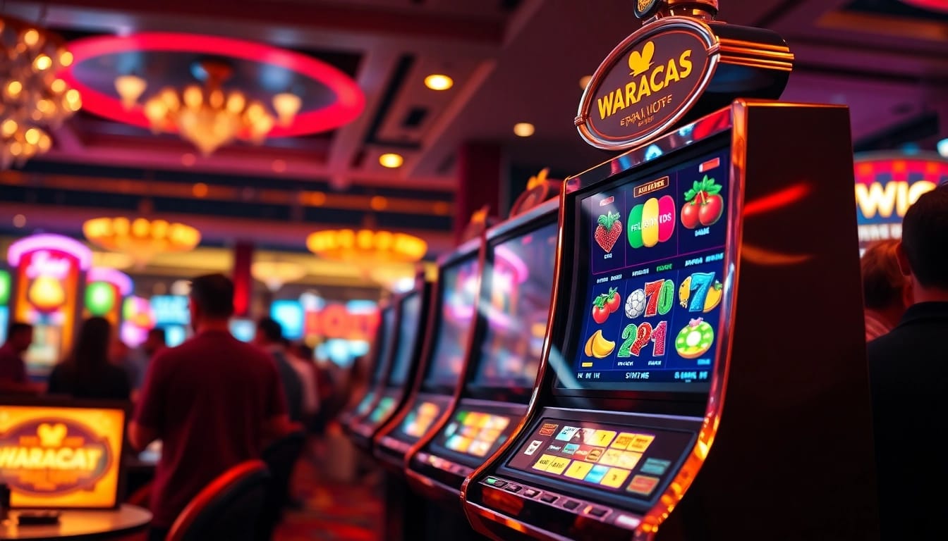 Slot mesin dengan cahaya cerah di kasino, menggambarkan suasana bermain yang menyenangkan.