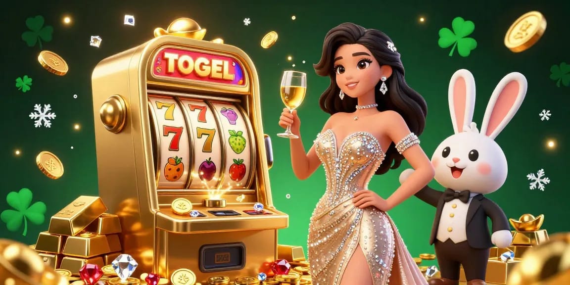 Togel-themed illustration featuring a glamorous woman celebrating near a jackpot slot machine, embodying excitement and wealth.