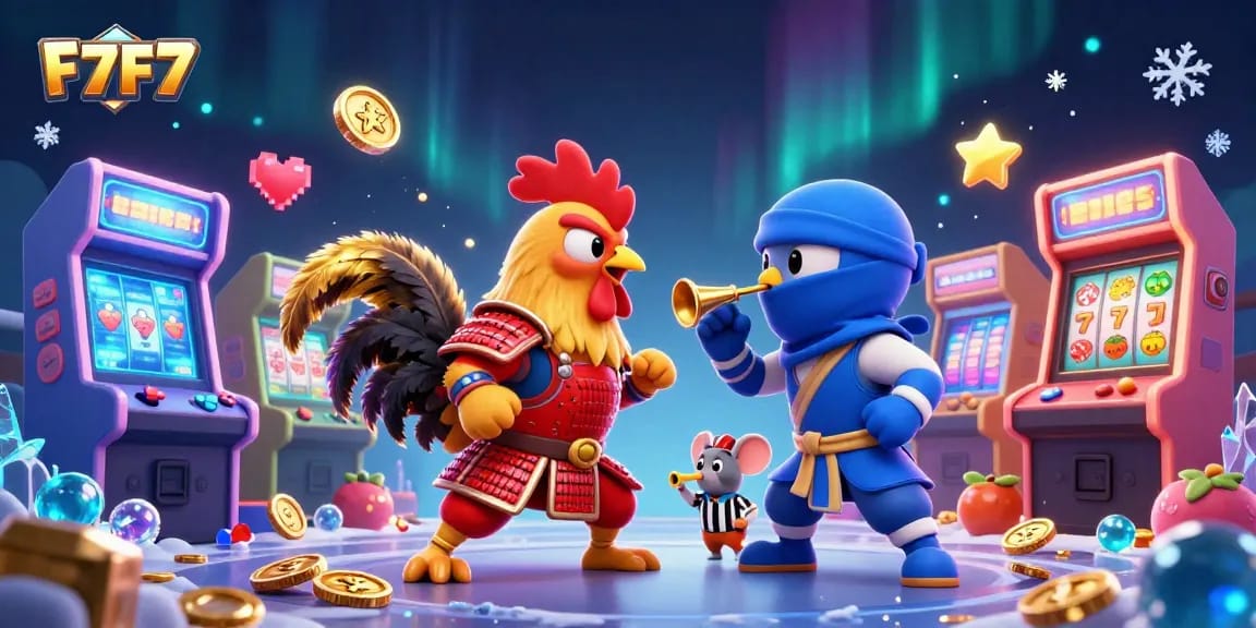 F7F7 inspires excitement as cartoon fighting roosters engage in thrilling standoff amid colorful casino elements.