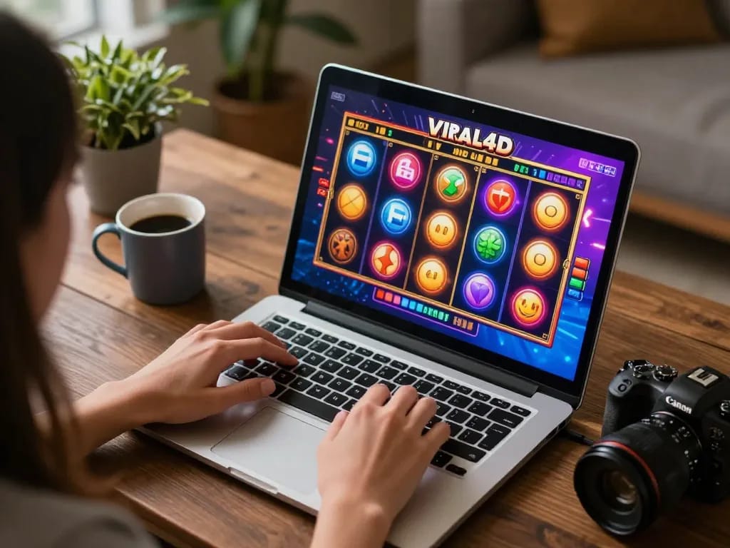 Engaging in exciting viral4d slots on a laptop, showcasing a vibrant online gaming scene.