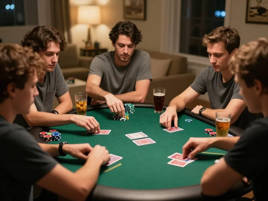 Friends engaging in a poker game at home, highlighting 789bet's casual and strategic gameplay.