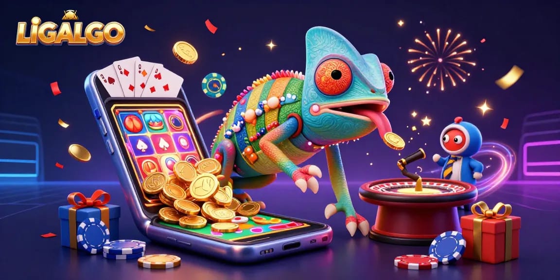 LIGALGO features a vibrant 3D casino scene with a chameleon owner collecting coins, celebrating wins.