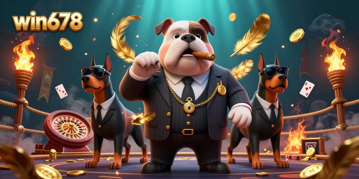 Experience thrilling action at win678 with a dramatic scene featuring a mafia boss and Doberman guardians surrounded by casino elements.