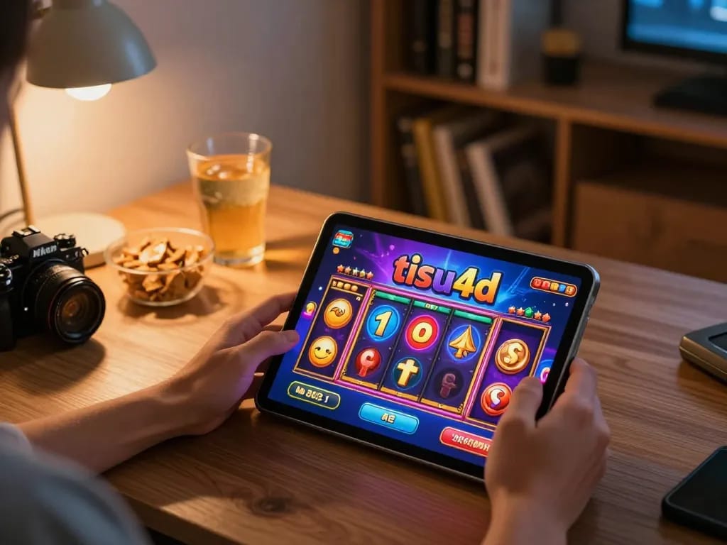 Pemain terlibat menggunakan tablet tisu4d untuk gameplay slot yang mendebarkan di lingkungan yang nyaman.