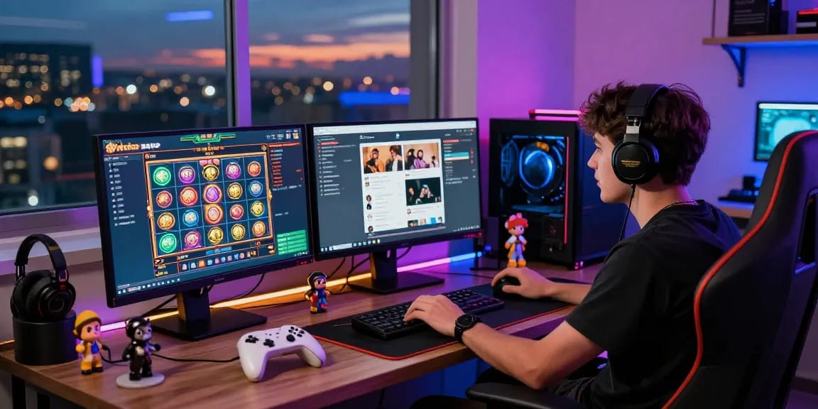 Pemain menikmati pengalaman rtp slot online dengan tampilan grafis yang cerah dan peralatan gaming modern.