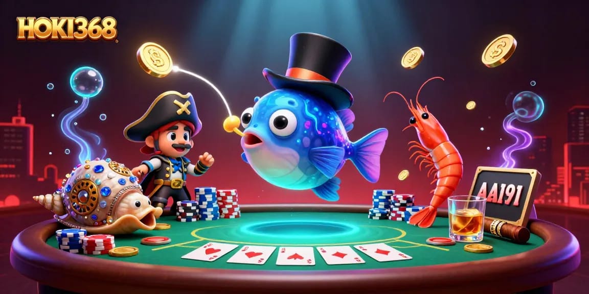 HOKI368 showcases an exciting casino battle with a glowing anglerfish, pirate shrimp, and gem snail.