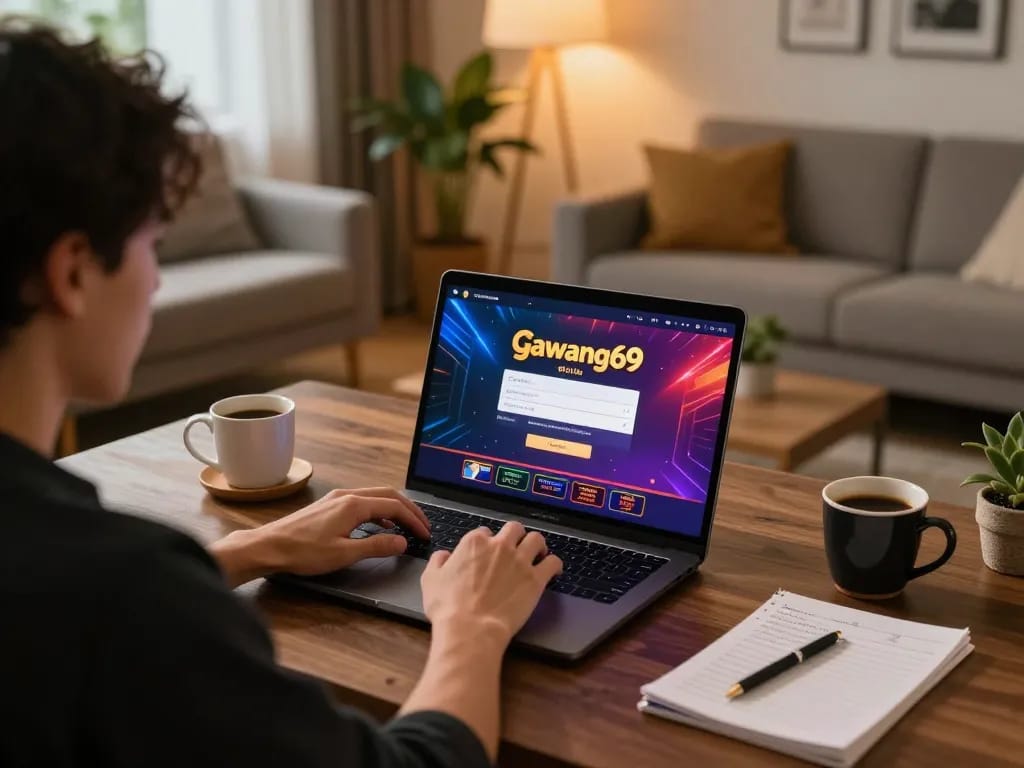 gawang69 login screen showcased on a laptop in a cozy home gaming setup, featuring warm lighting and strategic notes.