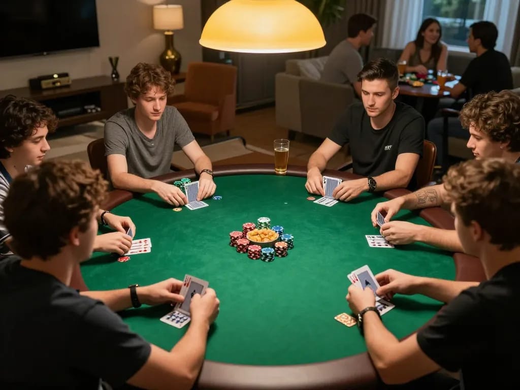 Players strategizing their bets at a poker game showcasing rokok88's social and competitive nature.