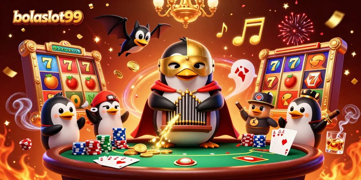 Bolaslot99 brings excitement as a phantom opera penguin plays an organ shooting coins in a rich casino setting.