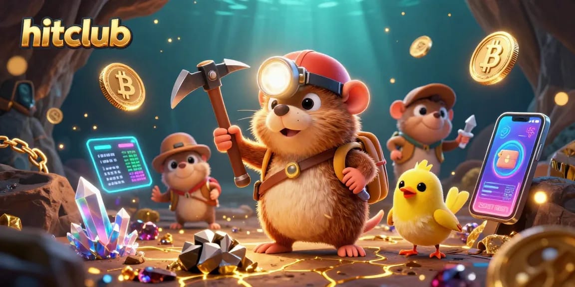 Join the hitclub adventure with a treasure hunting mole and crypto coins in this vibrant casino scene.