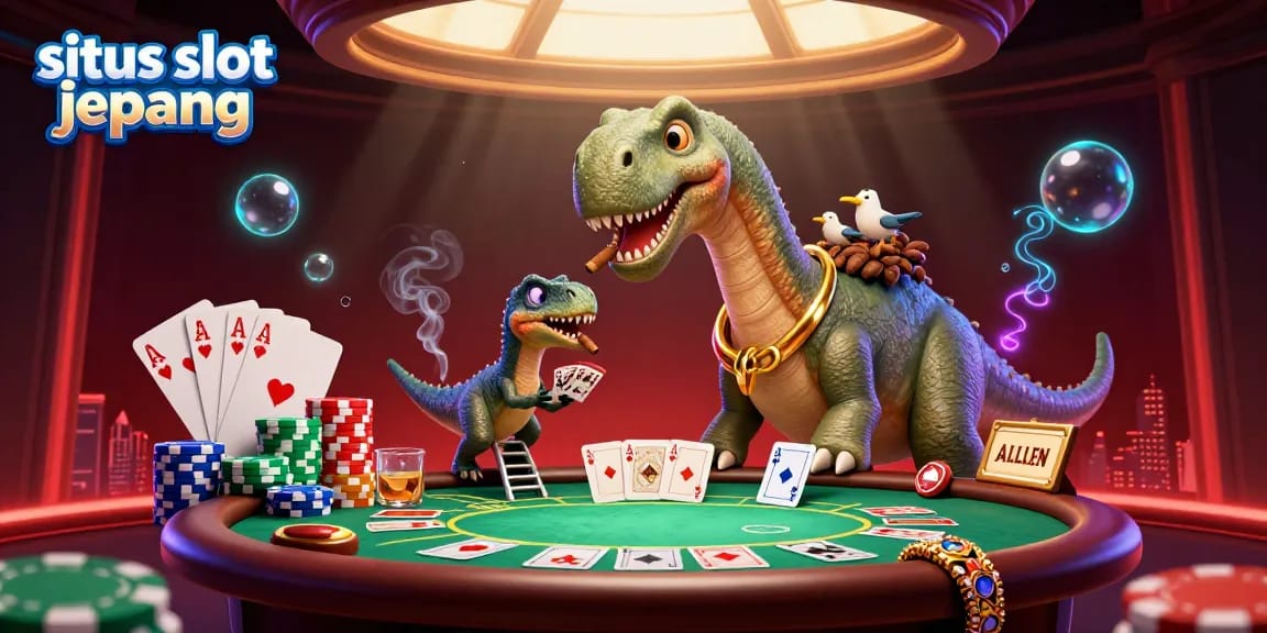Experience vibrant gaming with the towering brontosaurus and clever raptor in this situs slot jepang illustration.