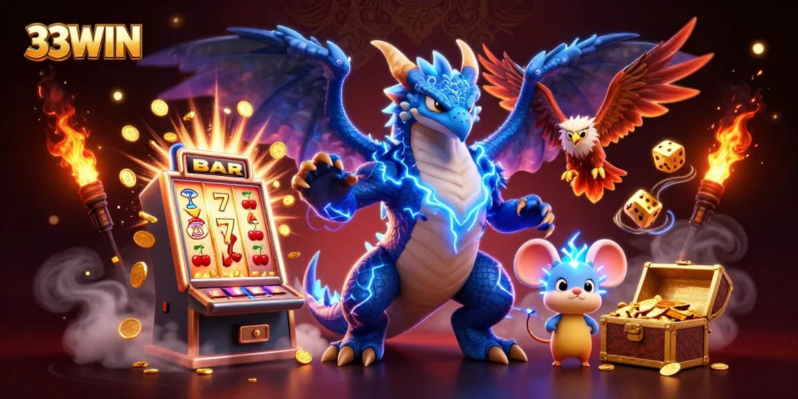 33WIN features a dynamic scene with characters and elements from exciting casino games like slots and jackpots.