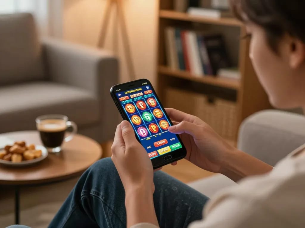 Playing exciting slot pulsa games on a smartphone in a cozy home environment.