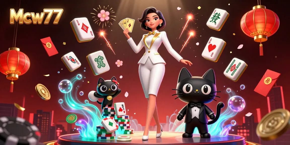 Engage in thrilling poker action with Mcw77 featuring a glamorous dealer and lively casino elements.