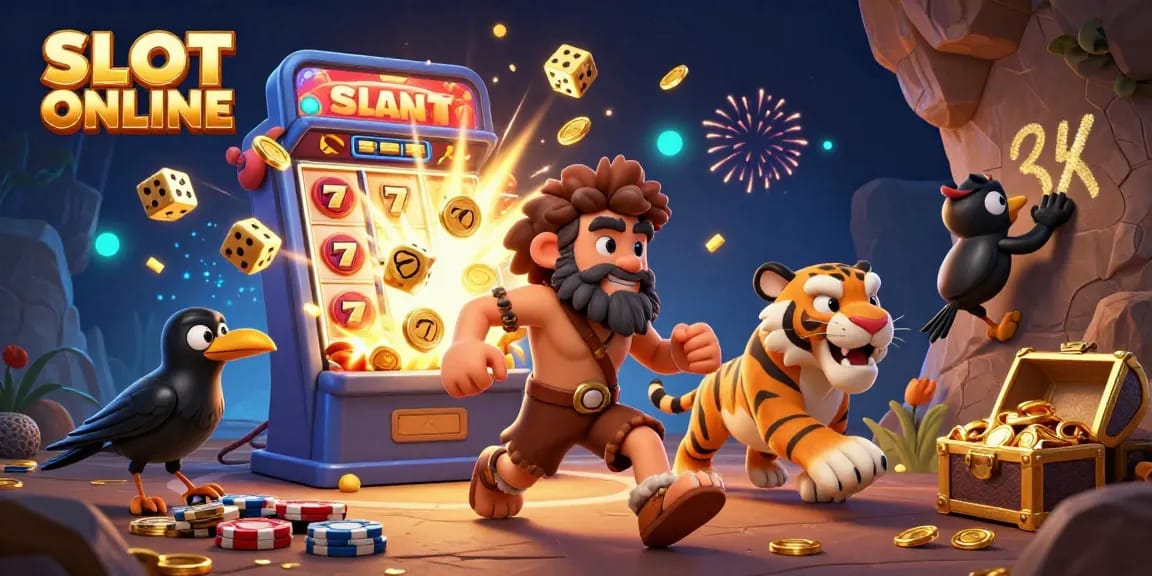 SLOT ONLINE engaging scene with a caveman and sabertooth duo in a lively, colorful casino illustration.