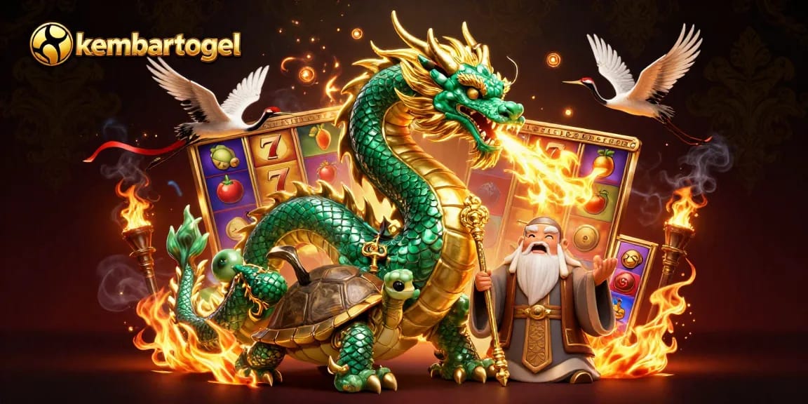 Kembartogel showcases high-stakes gaming with a dynamic emerald dragon, slot reels, and lucky symbolism.