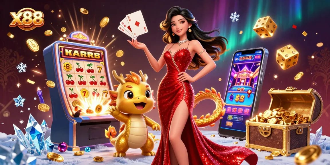 Experience thrilling online gaming at x88 with an elegant Asian woman and a golden dragon mascot amidst exploding jackpots.