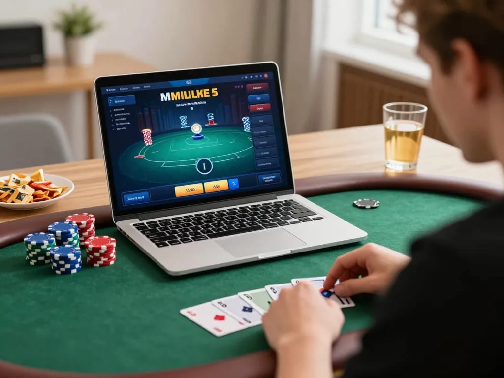 Player engaged in online poker game showcasing situs gacor strategy with colorful chips and inviting atmosphere.
