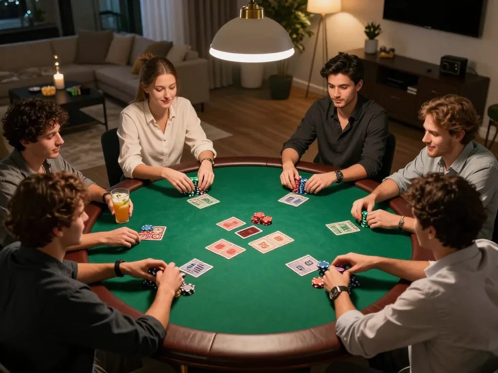 Ga28 poker game in a cozy home setting with friends engaging and chips stacked.