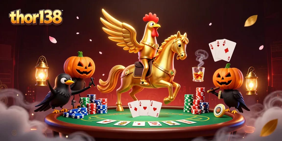 Hen emas yang mewakili thor138 bermain poker di kasino malam yang berkilauan dengan teman-teman burung gagak.