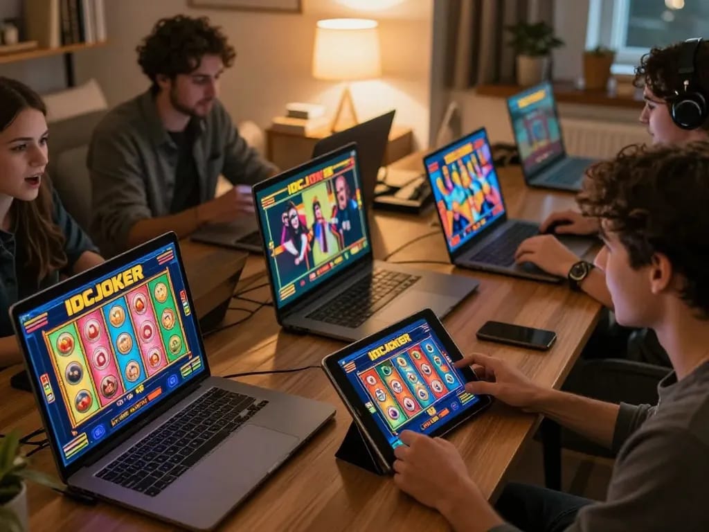 IDCJOKER players enjoying the latest slot game experience on their laptops, showcasing vibrant reels and engaging gameplay.