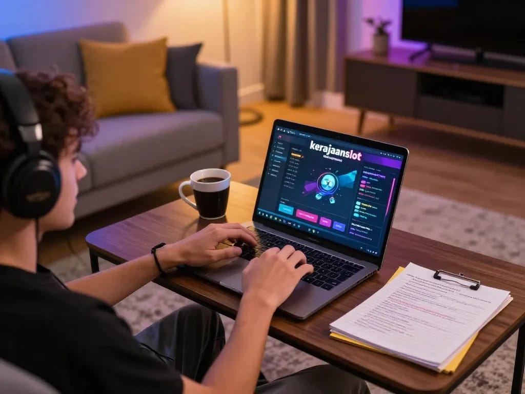 Engaging with kerajaanslot on a laptop at home, highlighting interactive online gambling experience in cozy setting.