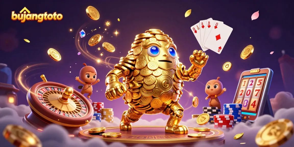 Genggam kesempatan menang dengan bujangtoto dalam ilustrasi slot emas berkilau dan simbol-simbol perjudian.