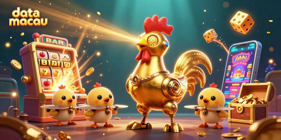 Menyimak data macau secara real-time dengan ilustrasi robot ayam emas dan mesin slot meledak.