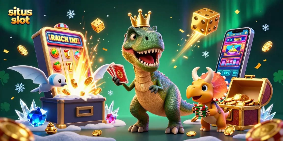 Experience situs slot excitement with a T-Rex shuffling cards and a treasure explosion.