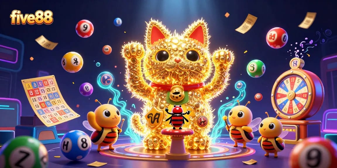 Engage with five88’s thrilling lottery experience depicted in a vibrant, dynamic scene.
