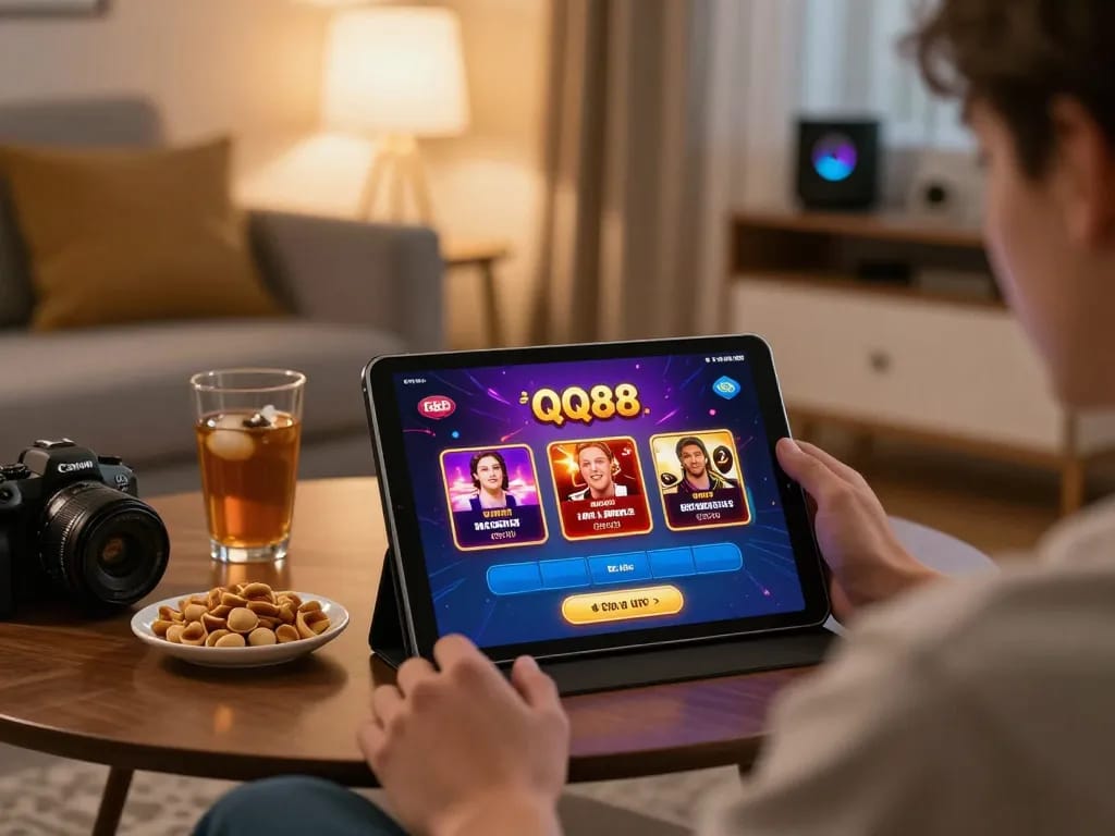 Engaging with QQ88 casino app on tablet in a cozy home gaming setup.
