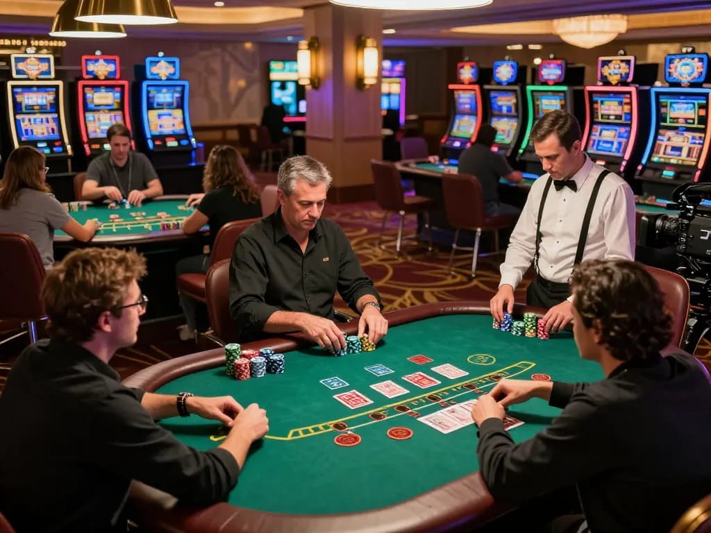 Players strategizing at blackjack tables in the upscale LC88 casino environment